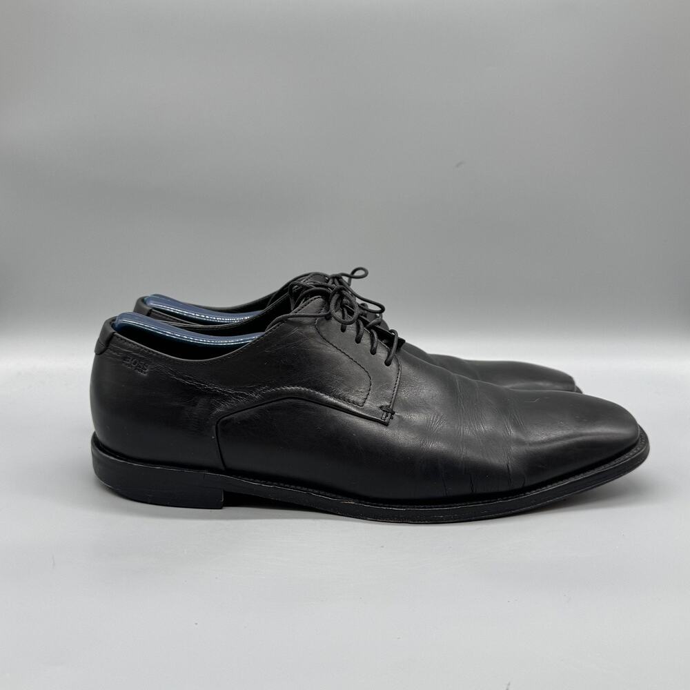 BOSS Hugo Boss Shoes Mens 8.5 Black Leather Derby Oxford Dress Square Toe Logo